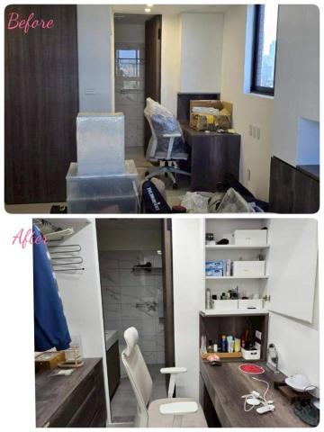 左手的室野 - 一條龍新家上架：主臥化妝桌配置，備品向上收納，飾品和配件收到後方污衣櫃桌面和抽屜。