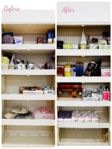 左手的室野 - 新家上架：另一座醫藥+生活備品櫃，依照使用頻率配置黃金區（不需墊腳或蹲下即可挑選物品）