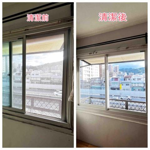 艾薇 - 退租房大窗清潔（窗戶面污垢、窗框污油垢及黃漬嚴重～清潔後玻璃透亮、窗框潔白乾淨）