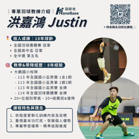 羽研社HaneBase - 嘉鴻教練擁有 18 年球齡 &times; 8 年教學經驗，曾培訓多位全國級選手，也多次帶隊征戰全國賽，奪下多面獎牌！課程設計從基礎到戰術，搭配課後技術分析與個人學習檔案，不論你是初學者還是進階者，都能量身打造訓練內容，穩定強化吸收與進步效率?

?️ 個人成績｜18 年球齡
▸ 全國羽球團體賽 冠軍
▸ 全國高中盃 亞軍
▸ 全中運 第五名

? 教學 & 帶隊經歷｜8 年經驗
▸ 大鵬國小校隊教練