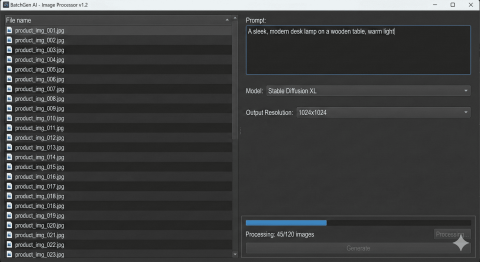 賦歸 - 【服務項目：Windows 桌面軟體｜AI API 串接】 這是一款專為提升生產力而開發的 Windows 桌面應用程式。針對電商與設計產業大量製圖的需求，我們整合了 Stable Diffusion XL 等先進 AI 模型，打造出這款「無程式碼」操作工具。使用者僅需輸入提示詞 (Prompt) 並匯入檔案清單，系統即可自動批量生成高品質商品圖或素材。內建防呆機制與進度監控。