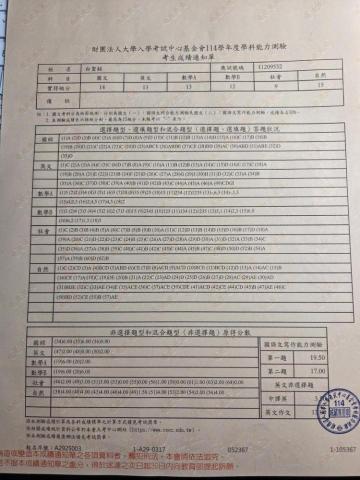 白聖銘 - 學測成績