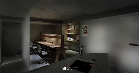 米氏室內裝修設計 - 推開隱藏於展牆中的白色暗門，純白瞬間轉場為層疊灰階，霧光柔亮，玉砂玻璃勾勒出靜謐辦公室設計的輪廓。