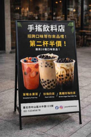 潤璟工作室｜CCAN Studio - 將促銷海報延伸應用至門口立牌展示情境，模擬實際擺放效果，讓店家在製作前即可確認視覺吸引力與街邊曝光表現。