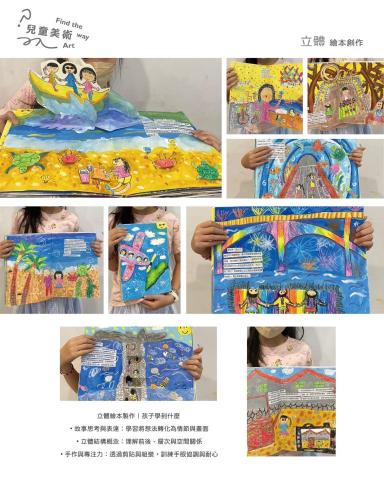 忙碌不迷路藝術工坊 - 立體書製作&mdash;將澎湖的回憶透過繪本紀錄暑假的旅程，從平面變立體、靜態變動態。
學習觀察立體圖型形，和黏貼的角度與結構的差異，發揮創意思考融合當地的環境特色。