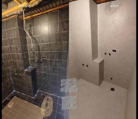 連于仁 - 去年於台北市中山北路二段浴廁牆面加地板無剃磚直上.淺色水泥灰可以搭配光線不同的色溫達成冷或暖