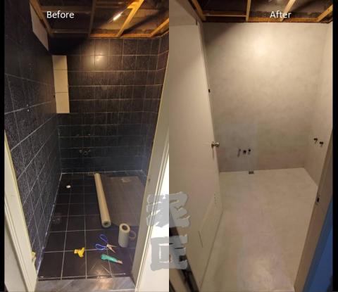 連于仁 - 去年於台北市中山北路二段浴廁牆面加地板無剃磚直上.淺色水泥灰可以搭配光線不同的色溫達成冷或暖