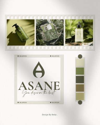 Bella - 以「自然 &times; 純粹」為品牌核心，
ASANE 透過低飽和綠色系與簡約包裝設計，
塑造專業、溫和且值得信賴的保養品牌形象。