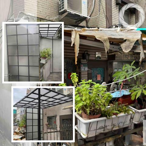 達閎金屬企業社 - 改造及客製化採光罩！骨架選用不銹鋼材質搭配烤漆消光黑，PC耐力板選用透明顆粒材質～讓門口顯得很有質感！