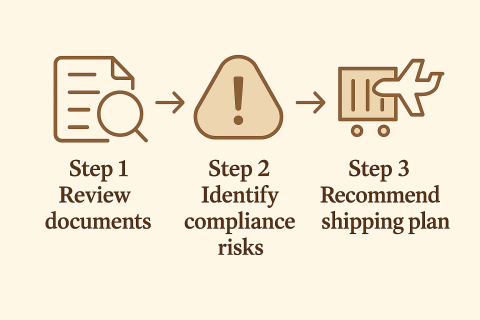 劉展伶 - 顧問諮詢流程示意，實際評估將依產品類型、出貨市場與條件進行專業判斷。