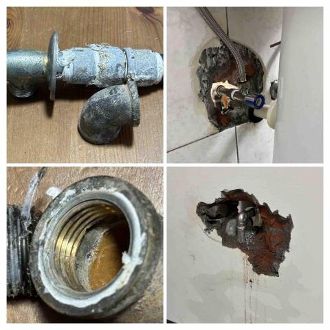 阿榮師父水電工程 - 1/2 PRO的客戶來電 家中廁所隔壁間淹水
     鑿牆找到漏水處 完成維修服務
     等後數天再來補土（水泥）
     熱水龍頭彎管爆裂⋯⋯