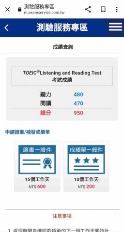 張梓毅 - 多益成績
