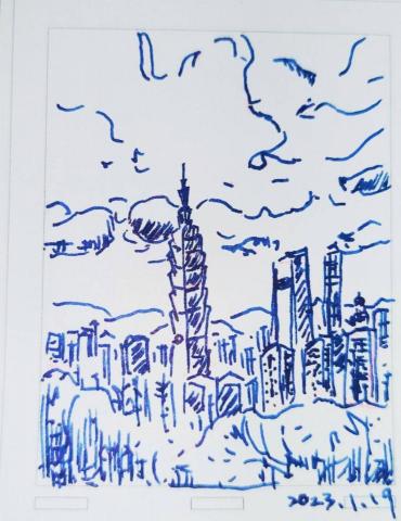 JH - 藍色線條手繪的城市風景畫