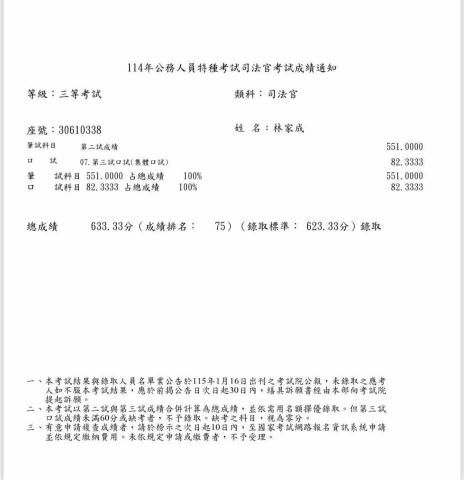 林家成 - 114年司法官錄取 成績單