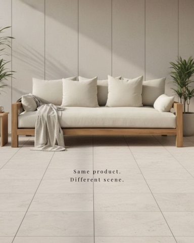 AI ADS LAB_ 社群 & 廣告素材 - 一張沙發白底圖，也能直接變成「住進生活」的畫面。

從產品本體出發，延伸：

明亮室內與戶外空間的整體氛圍
不同角度的實際擺放視覺
人與寵物共用的日常使用情境

同一張沙發、同一個質感，
但你可以拿到一整組可上架／可投放的素材。