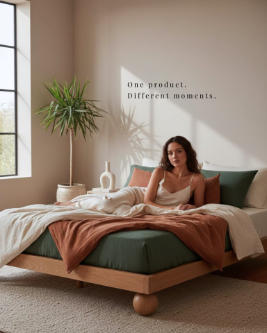 AI ADS LAB_ 社群 & 廣告素材 - 一張床架白底圖，也能直接變成「睡進生活」的畫面。
從產品本體出發，延伸：

臥室空間的整體氛圍呈現
不同角度的床架結構視覺
閱讀、休息等實際使用情境

同一張床、同一個材質與比例，
但你可以拿到一整組可上架／可投放的素材。