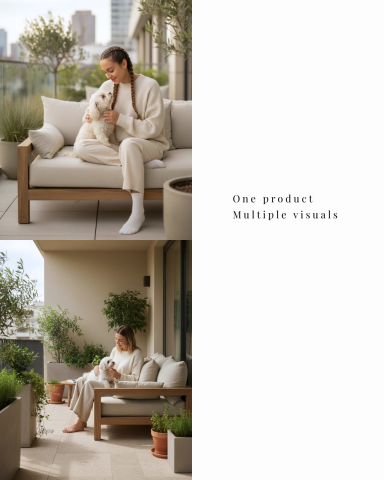 AI ADS LAB_ 社群 & 廣告素材 - 一張沙發白底圖，也能直接變成「住進生活」的畫面。

從產品本體出發，延伸：

明亮室內與戶外空間的整體氛圍
不同角度的實際擺放視覺
人與寵物共用的日常使用情境

同一張沙發、同一個質感，
但你可以拿到一整組可上架／可投放的素材。