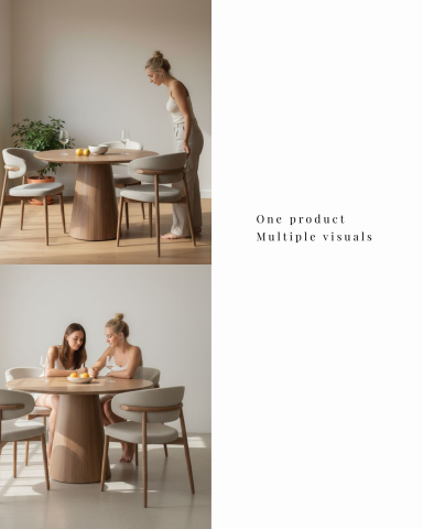 AI ADS LAB_ 社群 & 廣告素材 - 一張餐桌椅白底圖，也能直接變成「坐進生活」的畫面。

從產品本體出發，延伸：

明亮餐廳的整體氛圍
不同角度的桌面與椅型視覺
用餐、聚會的實際使用情境

同一張餐桌、同一組椅子、同一個質感，
但你可以拿到一整組可上架／可投放的素材。