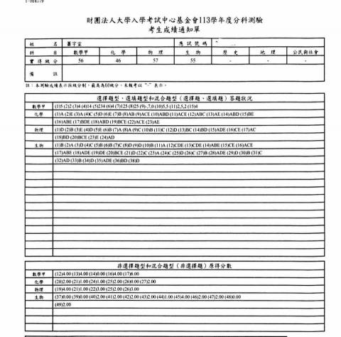 蕭宇宣 - 113分科成績