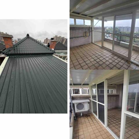 翼鳴有限公司 鋼鋁工程 - 露台陽光屋+白鐵烤漆浪板屋頂