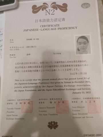 莊雅筑 - 日語N2證照