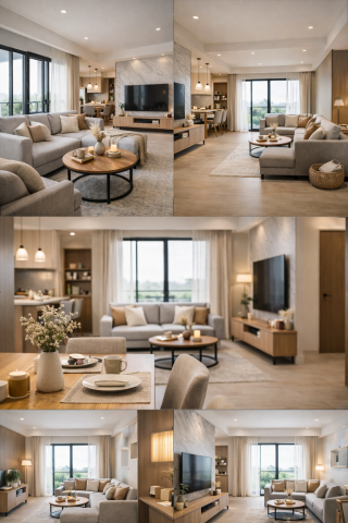 SFL-AI／系統分析顧問 - 以實際居住情境為出發，呈現完成度高的室內空間視覺。
透過不同角度展示客廳、餐廳與公共空間配置，幫助客戶在設計階段就能清楚想像未來生活樣貌。