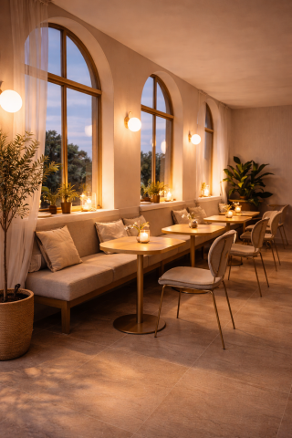 SFL-AI／系統分析顧問 - 以柔和燈光與弧形窗景打造放慢步調的空間。
座位配置刻意拉開距離，讓人即使一個人坐著，也能感到自在、不被打擾。