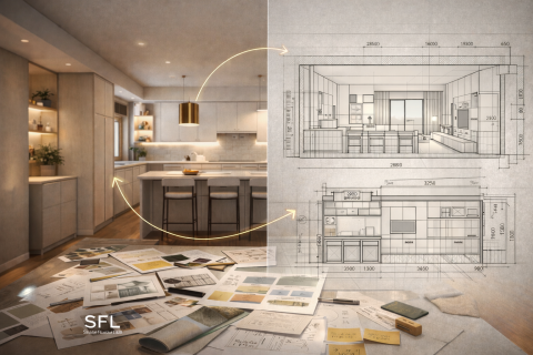 SFL-AI／系統分析顧問 - 本圖呈現空間設計從圖面規劃到實際呈現的轉換過程，說明如何將抽象需求轉化為可落地的設計方案，常用於設計教學與實務溝通示範。