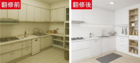 茂宸企業社 - 本案為住宅老屋廚房翻新工程，翻修前廚房櫥櫃老舊泛黃、收納不足，檯面與設備使用年久，整體動線與清潔便利性不佳。經現場評估後，重新規劃廚房配置，提升收納機能與使用效率。
施工內容包含舊有櫥櫃拆除、廚房空間重新配置、系統櫃訂製、檯面更新、水電管線調整、抽油煙機與爐具安裝，以及整體收邊整理。翻修後廚房以淺色系為主，視覺清爽明亮，收納空間大幅提升，讓料理動線更順暢、使用更便利。