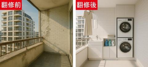 茂宸企業社 - 本案為住宅陽台翻新改造工程，翻修前陽台牆面老化龜裂、空間閒置，僅具備基本曬衣功能，整體使用率低且影響居住美觀。經現場評估後，重新規劃陽台機能，將原本閒置空間轉化為實用的生活收納區。
施工內容包含牆面修補整理、磁磚更新、防水工程處理、洗衣檯與收納櫃配置，以及洗衣機、烘衣機直立式擺放規劃。翻修後陽台整體風格明亮整齊，不僅提升收納機能，也讓洗衣、晾曬動線更加順暢，兼顧美觀與實用性。