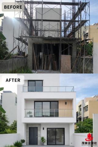 茂宸企業社 - 本案為自地自建住宅，從結構規劃到完工全程統籌執行。施工初期以安全結構與動線配置為核心，確保建築穩定與長期使用性。外觀設計採現代簡約風格，運用純白立面搭配溫潤木質元素，呈現俐落且耐看的視覺效果。陽台與大面開窗引入自然採光，使室內外空間相互連結，提升整體居住舒適度。透過細節施工與品質把關，將原本施工階段的建築，轉化為兼具機能、美感與生活感的理想住宅。