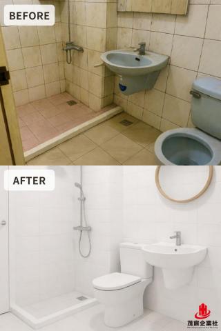 茂宸企業社 - 本案為老屋衛浴空間翻新工程，翻修前衛浴磁磚老舊、色澤泛黃，排水動線不佳，整體使用感受不佳。經現場評估後，重新規劃衛浴配置，打造簡潔、明亮且實用的現代化衛浴空間。