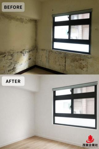 茂宸企業社 - 本案為老屋室內翻新工程，原牆面因長期受潮產生壁癌、剝落與泛黃情形，影響整體美觀與居住品質。施工前先進行牆面檢測，完整清除受損牆體，並施作防潮處理與結構修補，確保後續使用穩定耐久。
完成基礎工程後，牆面重新批土整平，搭配淺色系塗裝，有效提升空間明亮度與整潔感；地坪改為溫潤木紋地板，使整體視覺更加舒適自然。翻新後空間明亮清新，成功改善壁癌問題，營造出簡約、實用的居住環境。