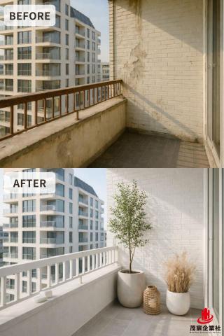 茂宸企業社 - 本案為住宅陽台翻新改造工程，翻修前陽台牆面老化龜裂、空間閒置，僅具備基本曬衣功能，整體使用率低且影響居住美觀。經現場評估後，重新規劃陽台機能，將原本閒置空間轉化為實用的生活收納區。
施工內容包含牆面修補整理、磁磚更新、防水工程處理、洗衣檯與收納櫃配置，以及洗衣機、烘衣機直立式擺放規劃。翻修後陽台整體風格明亮整齊，不僅提升收納機能，也讓洗衣、晾曬動線更加順暢，兼顧美觀與實用性。
