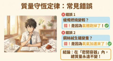 ZH L - 這張圖是我實際教學時，常用來幫學生「釐清觀念」的示範教材。
很多高中生在學化學時，常因為生活例子與課本觀念混在一起，導致理解錯誤、越學越沒信心。
教學時，我會透過像這樣的圖像化整理，陪學生一步一步找出「為什麼會錯」，而不是只告訴答案。
例如質量守恆的觀念，會從學生常見的迷思出發，再慢慢引導到正確理解，讓學生真正聽懂、記得住。
我的教學風格偏向溫和陪跑，適合對化學較沒有把握、需要穩定建立觀念的學生。