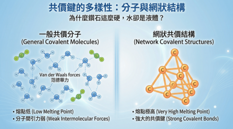 ZH L - 這張圖用來說明「一般共價分子」與「網狀共價結構」的差異，也是學生常混淆的觀念之一。
許多學生會以為只要是共價鍵，性質就都差不多，卻無法理解為什麼鑽石非常堅硬，而水卻是液體。
教學時，我會引導學生從「分子間作用力」與「整體結構」的角度思考，幫助學生看懂熔點與物質性質的真正原因。
透過圖像與比較說明，讓抽象的結構概念變得清楚、有邏輯。
