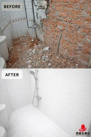 茂宸企業社 - 本案為浴室淋浴空間翻新工程，原況牆面破損、磁磚剝落，管線老舊外露，影響使用安全與整體觀感。施工內容包含牆面與地坪重新整平、防水處理後鋪設全新白色瓷磚，提升空間明亮度與整潔感，同時更新淋浴龍頭與管線配置，使線條更俐落、使用更順暢。完工後整體風格以純白極簡為主，兼顧實用性與視覺質感，讓日常沐浴空間煥然一新，安全、耐用又好清潔。
