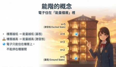 ZH L - 這張圖是我在教「能階概念」時，常用的圖像化說明。
許多學生會把能階當成抽象名詞來背，卻不清楚電子為什麼只能待在特定能量位置。
教學時，我會用「樓層」的比喻，幫學生理解基態、激發態與能量差的概念，讓原本難懂的內容變得具體好記。
透過這樣的方式，協助學生真正理解，而不是死背公式，特別適合對化學較沒有信心的學生。