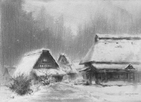 Han studio  邱柏翰 - 雪景其實是很好練習「取捨」的題材。
這張合掌村示範，就是用簡化的色階，
把空間與氣氛經營起來

如果你畫風景常遇到：

˙畫面很平

˙不知道怎麼簡化

˙一畫就變得很亂

 想改善風景畫的整體感，歡迎私訊洽詢課程