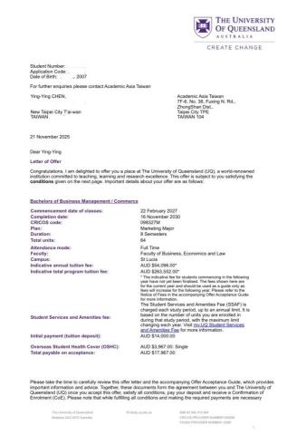 Joanna - 昆士蘭大學錄取通知書