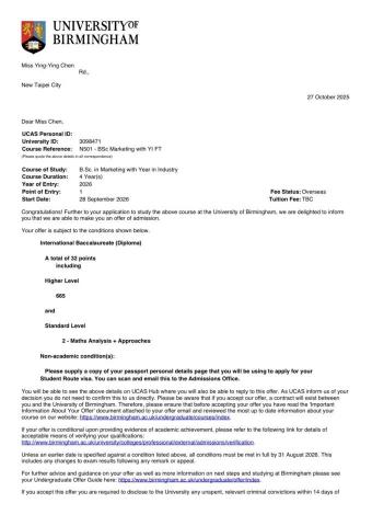 Joanna - 伯明罕大學錄取通知書