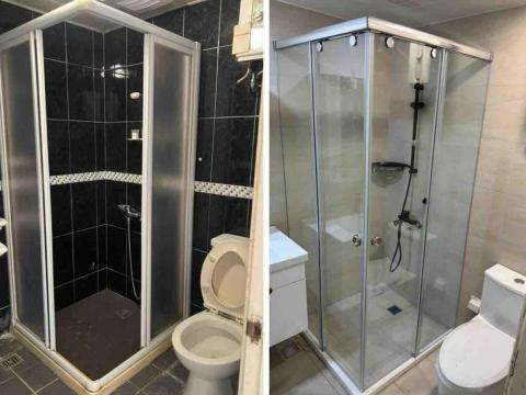 年輕人工程 - 浴室翻修‼️
?歡迎來找我們-免費估價/諮詢
 浴室翻修後整體變得乾淨、明亮又現代感十足。原本的深色磁磚換成了淺米色系，讓空間瞬間放大、視覺更柔和。霧面門改成全透明玻璃拉門，整個浴室看起來更通透明亮 質感直接大大提升✨