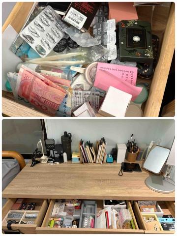 欣欣 - 客戶原本抽屜太多東西不知道怎麼分類，我利用現有的收納紙盒幫她一個個分類好，客戶看完很開心很感謝我