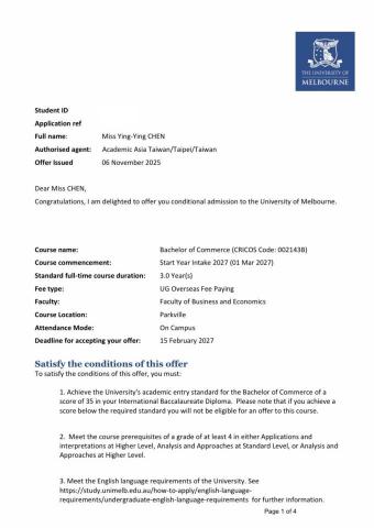 Joanna - 墨爾本大學錄取通知書