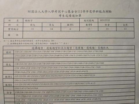 賴柏宇 - 英文頂標14級分 自然前標13級分