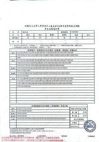 魏立庭 - 學測成績單