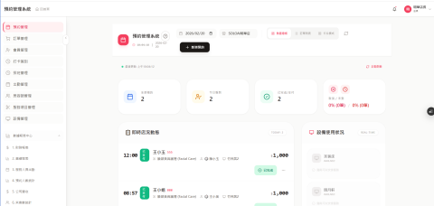SoloAI 數位工作室 -  預約管理後台

商家管理後台實際畫面。一站式管理預約、訂單、會員、排班、出勤、財務報表，即時掌握店況動態與設備使用狀況，取代紙本與 Excel 管理。