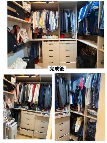 欣欣 - 客戶是雙寶媽，原本抽屜、行李箱等都堆滿各種衣服，有些衣服甚至因為潮濕發霉，全部拿下來一邊協助客戶斷捨離，一邊幫積灰的櫃體擦拭好幾次，整理完終於空氣也清晰了，看上去舒服乾淨