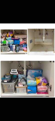 欣欣 - 原本塞滿不好找東西的洗手台收納櫃，我一看就知道裡面一定有發霉跟過期的東西，全部清出來後刷過，在分類好各類東西，過期的放一邊請客戶自行斟酌是否要捨棄，然後就還給客戶一個乾淨的收納櫃啦❤️