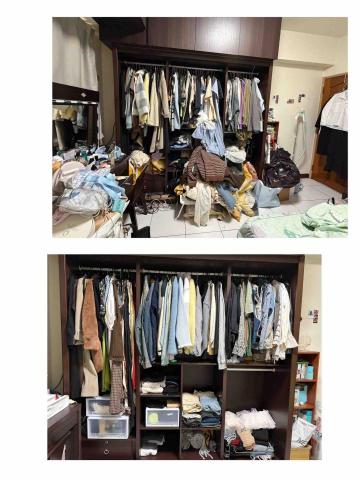 欣欣 - 原本客戶堅持所有衣服都要掛起來
不用收納盒，但告知櫃體空間實在有限，衣服無法全部上架，可以把不會皺折的、短T收到收納箱，右邊是等待掛上去的裙子們，可惜褲架貨還沒到，不然就更完美了